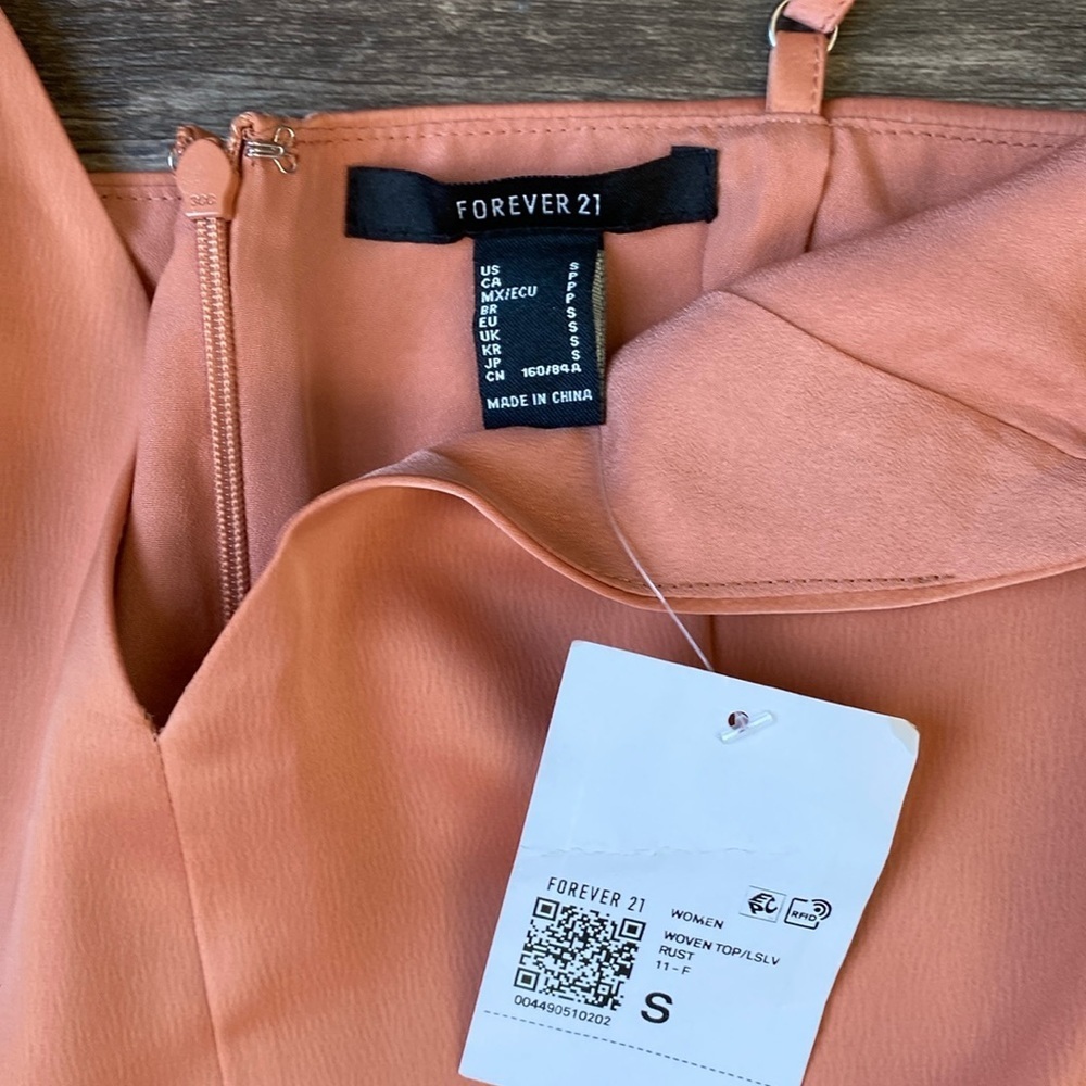 NWT Forever 21 Satin Corset Top Rust Orange Off Shoulder Long Puff Sleeve Size S - Picture 4 of 6